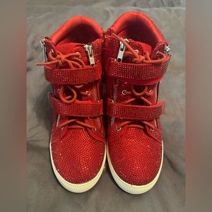 Red sparkle athletic wedge bootie 7.5